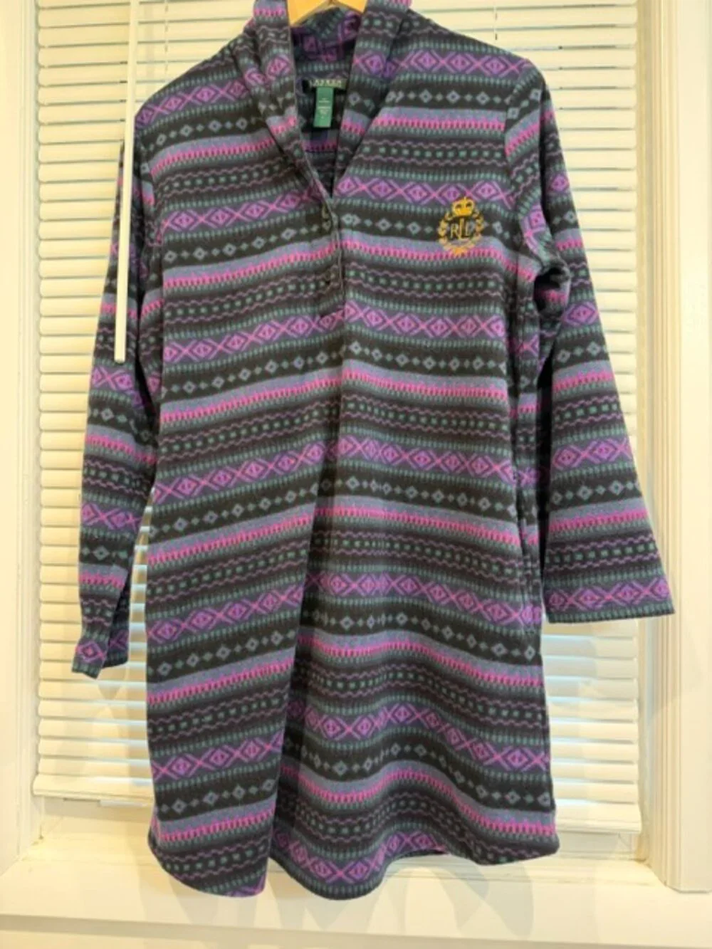 Ralph Lauren Purple Black Fleece Sleepshirt Tunic Nightgown Pockets.